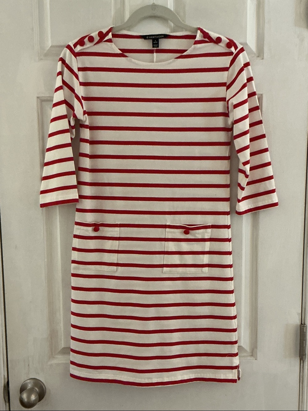 41 Hawthorn Red White Stripe Button Accent Cotton Blend Stretch Dress EUC SP